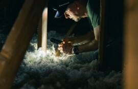 住宅の屋根裏で点検作業を行う様子